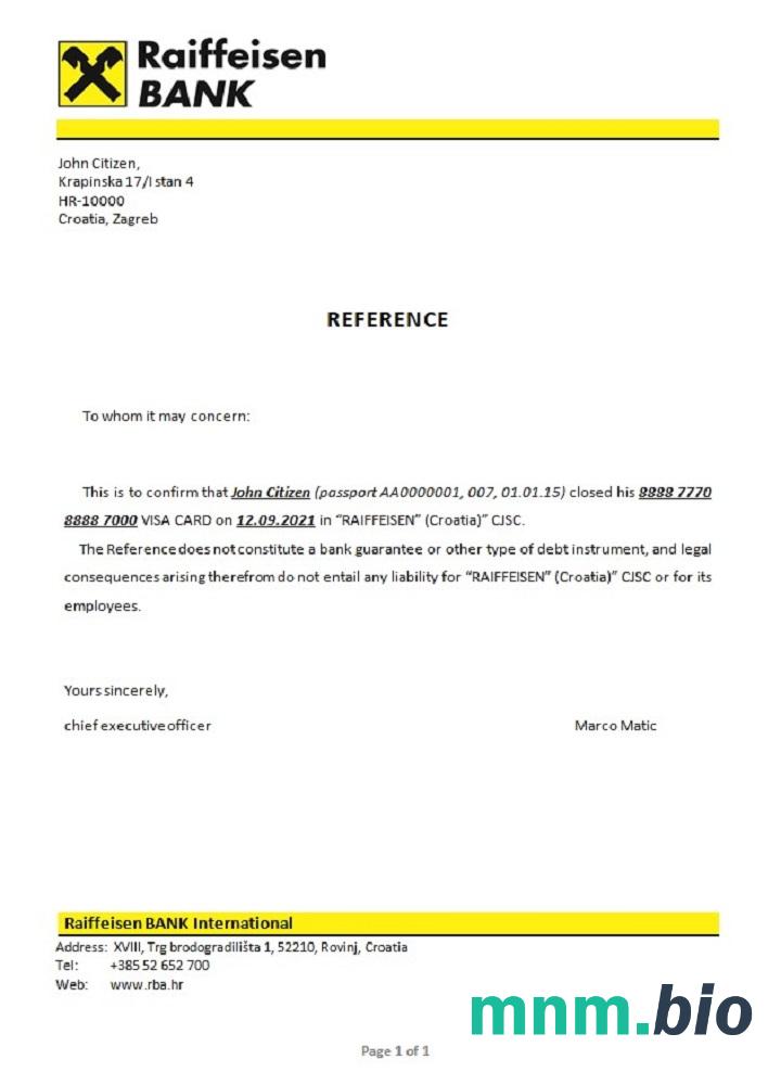 Croatia Raiffeisen Bank closure reference example in Word and PDF formats